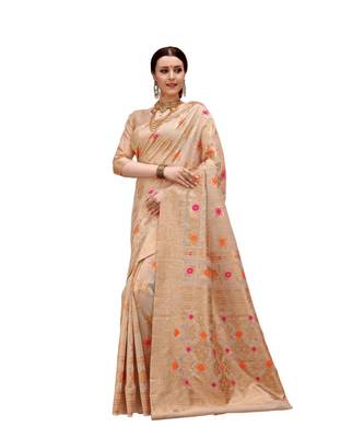 Ashika Cream Spun Cotton With Zari and Meena Work Saree 1