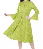 Green printed viscose rayon long-dresses