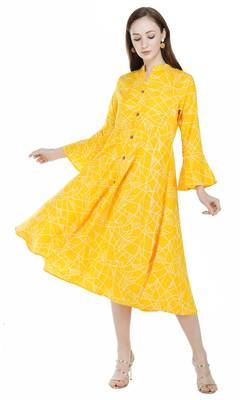 Yellow printed viscose rayon long-dresses 1
