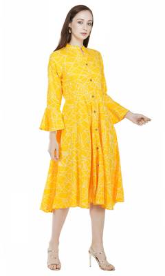 Yellow printed viscose rayon long-dresses 3