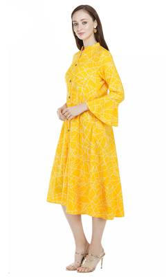 Yellow printed viscose rayon long-dresses 4