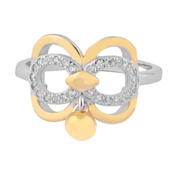 Butterfly Design Two Tone Hanging Charm Zircon Silver Finger Ring-FRL124 2