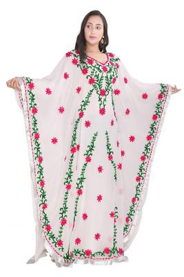 Moroccan Dubai Kaftan Evening Royal White Georgette Aari Multicolor Stone Work  1