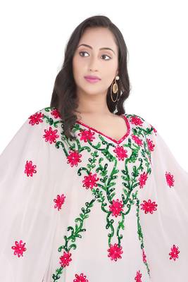 Moroccan Dubai Kaftan Evening Royal White Georgette Aari Multicolor Stone Work  2