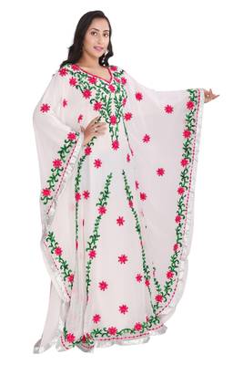 Moroccan Dubai Kaftan Evening Royal White Georgette Aari Multicolor Stone Work  3