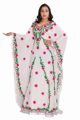 Moroccan Dubai Kaftan Evening Royal White Georgette Aari Multicolor Stone Work  4