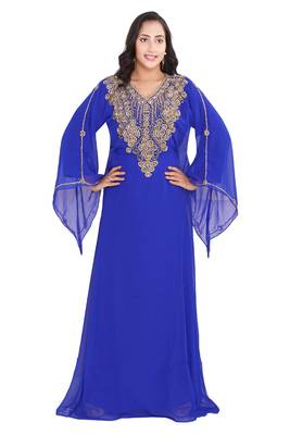 Moroccan Dubai Kaftan Evening Royal Blue Georgette Floor Length Zari Stone Work  1
