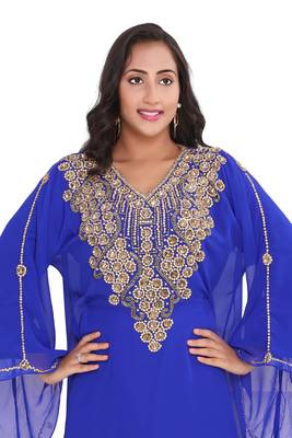 Moroccan Dubai Kaftan Evening Royal Blue Georgette Floor Length Zari Stone Work  2