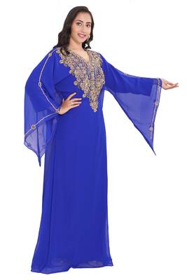Moroccan Dubai Kaftan Evening Royal Blue Georgette Floor Length Zari Stone Work  3