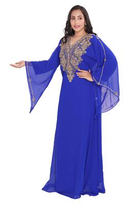 Moroccan Dubai Kaftan Evening Royal Blue Georgette Floor Length Zari Stone Work  4