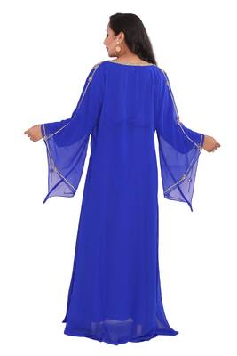 Moroccan Dubai Kaftan Evening Royal Blue Georgette Floor Length Zari Stone Work  5