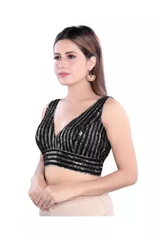 Polyester Padded V-Neck Black-Silver Blouse