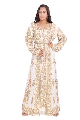 Moroccan Dubai Kaftan Evening Royal White Georgette Aari  Stone Work  1