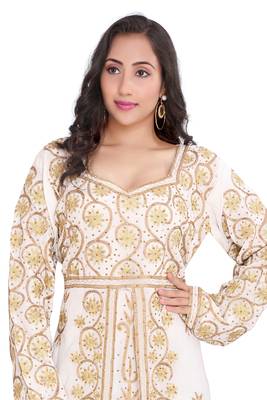 Moroccan Dubai Kaftan Evening Royal White Georgette Aari  Stone Work  2
