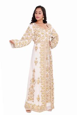 Moroccan Dubai Kaftan Evening Royal White Georgette Aari  Stone Work  3