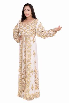 Moroccan Dubai Kaftan Evening Royal White Georgette Aari  Stone Work  4