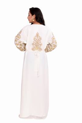 Moroccan Dubai Kaftan Evening Royal White Georgette Aari  Stone Work  5