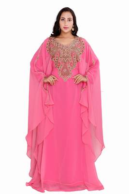 Moroccan Dubai Kaftan Evening Royal Pink Georgette Floor Length Zari Stone Work  1