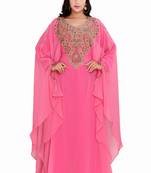 Moroccan Dubai Kaftan Evening Royal Pink Georgette Floor Length Zari Stone Work 