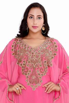 Moroccan Dubai Kaftan Evening Royal Pink Georgette Floor Length Zari Stone Work  2