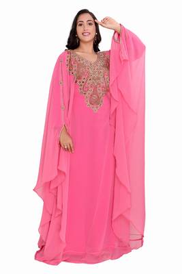 Moroccan Dubai Kaftan Evening Royal Pink Georgette Floor Length Zari Stone Work  3