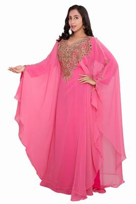 Moroccan Dubai Kaftan Evening Royal Pink Georgette Floor Length Zari Stone Work  4