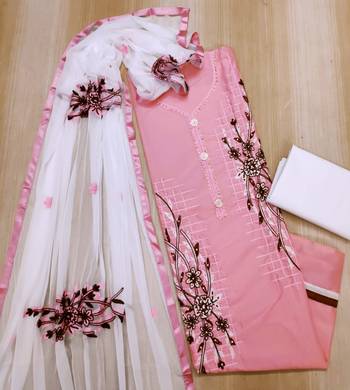 Anaita Pure Cotton Peach Color Embroidered, Embellised Dress Material With Embroidered Dupatta  1