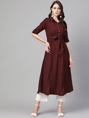 Myshka Women's Wine Polyester Solid Half Sleeve Casual Kurta 1