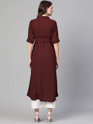 Myshka Women's Wine Polyester Solid Half Sleeve Casual Kurta 2