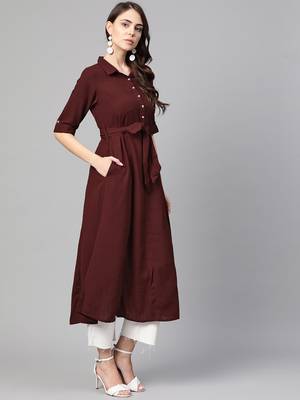 Myshka Women's Wine Polyester Solid Half Sleeve Casual Kurta 3