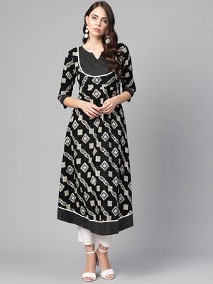 Myshka Women's Black Cotton Printed Half Sleeve Casual Anarkali Kurta 1