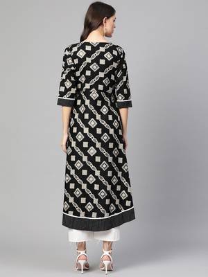 Myshka Women's Black Cotton Printed Half Sleeve Casual Anarkali Kurta 2