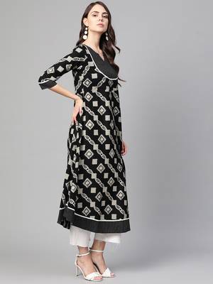 Myshka Women's Black Cotton Printed Half Sleeve Casual Anarkali Kurta 3