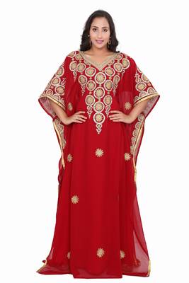 Moroccan Dubai Kaftan Evening Royal Red Georgette Aari Stone Work  1