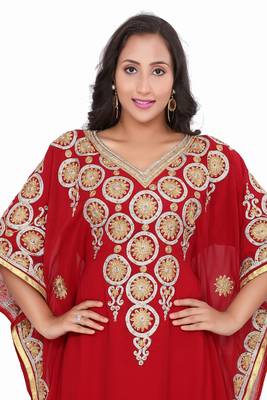 Moroccan Dubai Kaftan Evening Royal Red Georgette Aari Stone Work  2