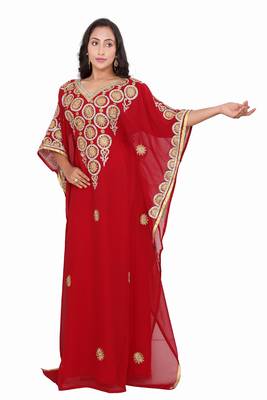 Moroccan Dubai Kaftan Evening Royal Red Georgette Aari Stone Work  3