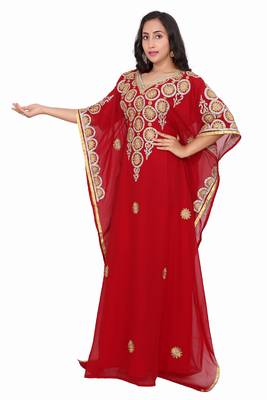 Moroccan Dubai Kaftan Evening Royal Red Georgette Aari Stone Work  4
