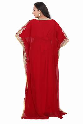 Moroccan Dubai Kaftan Evening Royal Red Georgette Aari Stone Work  5