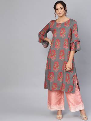 Myshka Women's Grey Rayon Printed 3/4 Sleeve Round Neck Dress 1