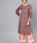 Myshka Women's Grey Rayon Printed 3/4 Sleeve Round Neck Dress