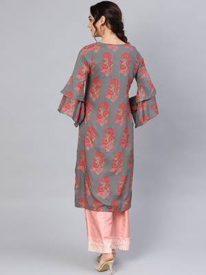 Myshka Women's Grey Rayon Printed 3/4 Sleeve Round Neck Dress 2