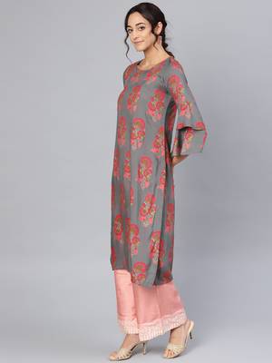 Myshka Women's Grey Rayon Printed 3/4 Sleeve Round Neck Dress 3
