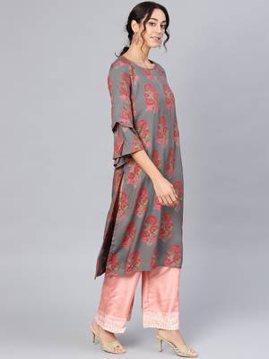 Myshka Women's Grey Rayon Printed 3/4 Sleeve Round Neck Dress 4