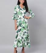 Myshka Women's Green Printed 3/4 Sleeve Polyester V Neck Casual Kurta