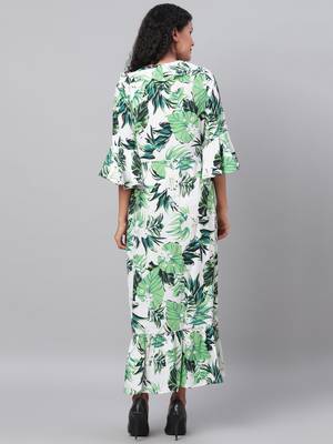 Myshka Women's Green Printed 3/4 Sleeve Polyester V Neck Casual Kurta 2