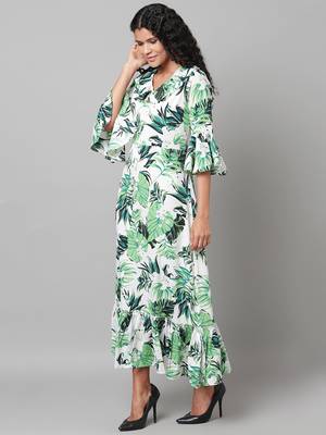 Myshka Women's Green Printed 3/4 Sleeve Polyester V Neck Casual Kurta 3