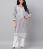 Myshka Women's Grey Embroidrey 3/4 Sleeve Cotton Round Neck Casual Kurta