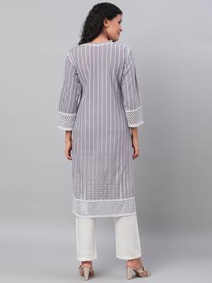 Myshka Women's Grey Embroidrey 3/4 Sleeve Cotton Round Neck Casual Kurta 2