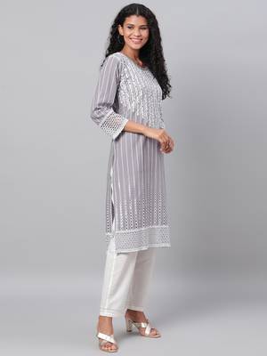 Myshka Women's Grey Embroidrey 3/4 Sleeve Cotton Round Neck Casual Kurta 3