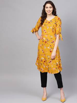 Myshka Women's Yellow Crepe Printed Half Sleeve V - Neck Casual Kurta 1